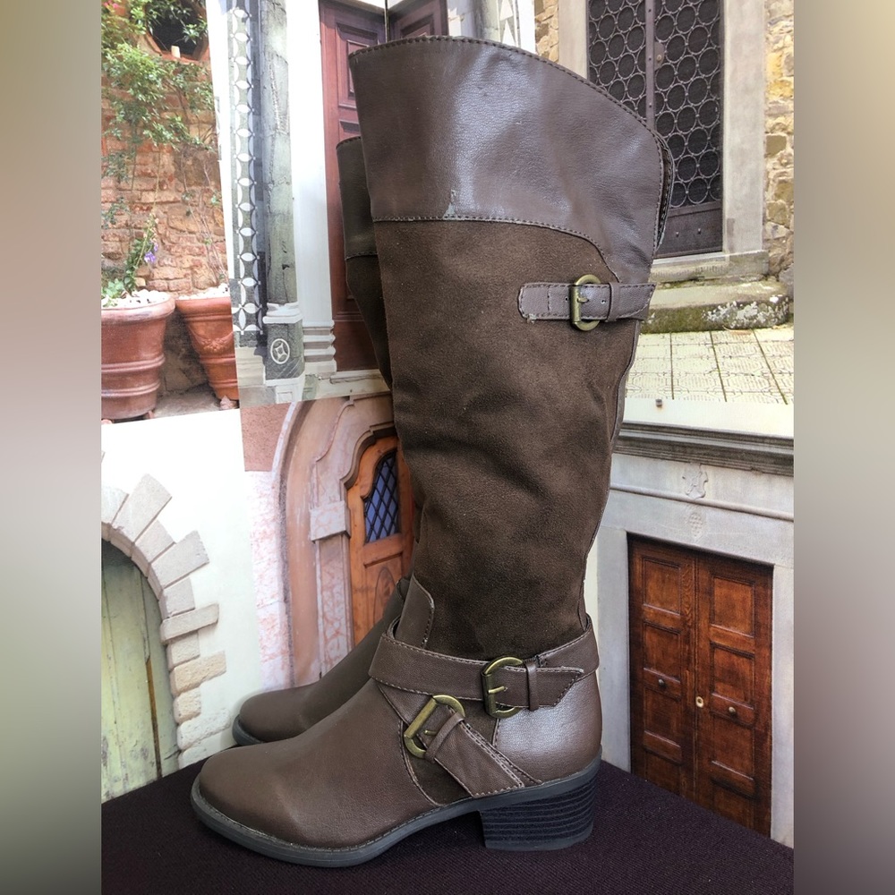 Long Almond Toe Calf-Riding Brown Boots